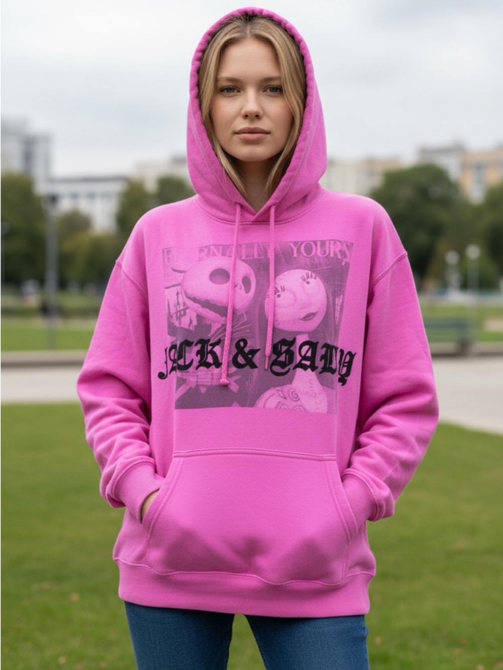 Disney Nightmare Before Christmas Jack & Sally Pink Hoodie Eternally Yours Med
